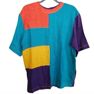100% Linen Lagenlook Colorblock Vintage Blouse Top Colorful Artisy Oversized